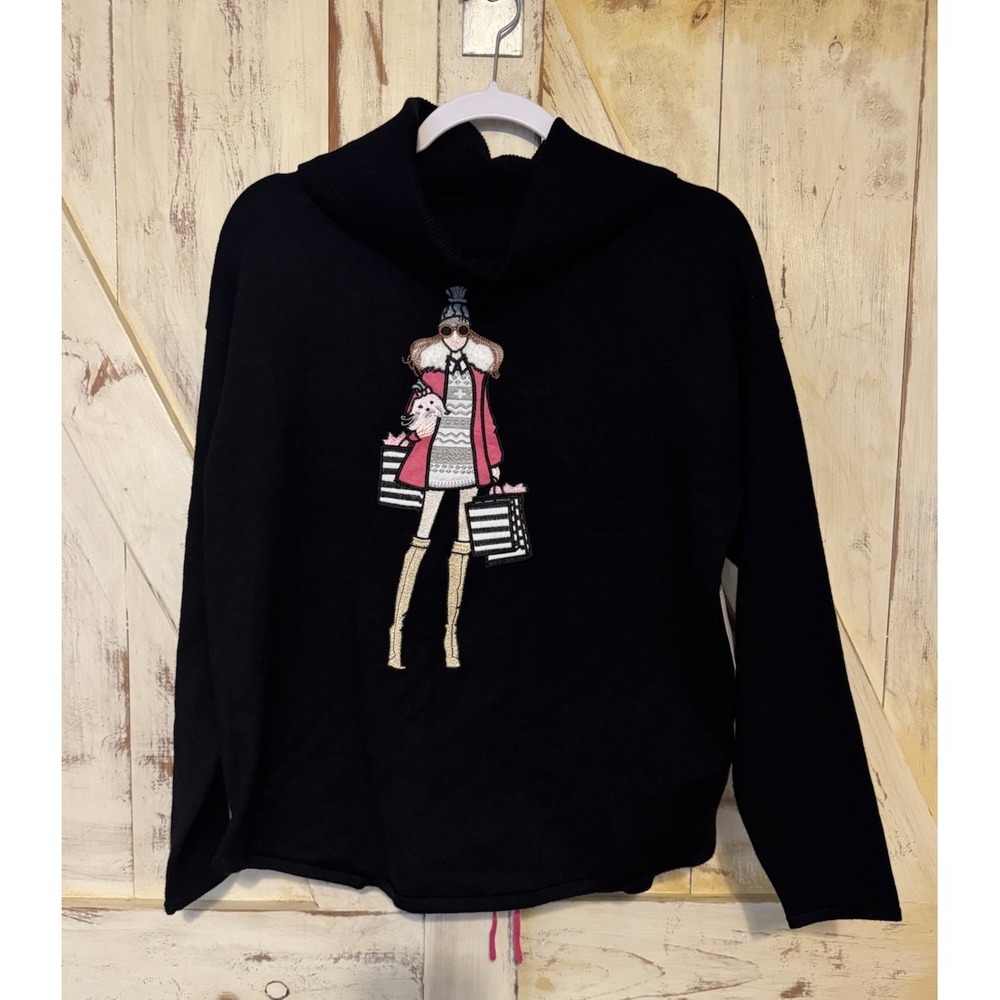 Gabby Isabella Fashionista Shopping Turtle Neck Black Sweater Laces‎ Back New XL